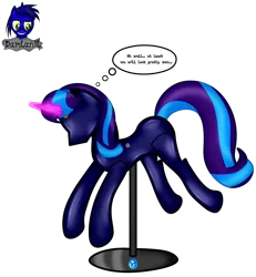 Size: 3840x4154 | Tagged: safe, artist:damlanil, derpibooru import, oc, oc:star eyes, unofficial characters only, pegasus, pony, bondage, clothes, collar, comic, commission, crystal horn, encasement, fake horn, female, horn, image, inanimate tf, latex, magic, magic aura, mannequin, mannequin tf, mare, no mouth, objectification, pedestal, petrification, png, ponyquin, rubber, shiny, show accurate, simple background, solo, text, thought bubble, transformation, transparent background, vector, wings