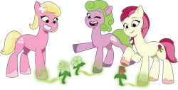 Size: 2312x1170 | Tagged: safe, artist:prixy05, derpibooru import, daisy, flower wishes, lily, lily valley, roseluck, earth pony, pony, g5, my little pony: tell your tale, earth pony magic, flower, flower trio, g4, g4 to g5, generation leap, image, magic, png, simple background, transparent background, vector