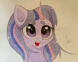 Size: 2067x1662 | Tagged: safe, artist:engi, derpibooru import, twilight sparkle, pony, unicorn, beanbrows, eyebrows, eyelashes, female, happy, image, jpeg, mare, open mouth, open smile, simple background, smiling, solo, traditional art, watercolor painting