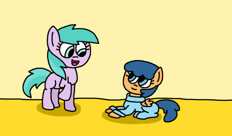 Size: 1453x852 | Tagged: safe, artist:gillianthecreator36, derpibooru import, first base, earth pony, pegasus, pony, adorabase, aura (g4), aurabetes, baby, baby base, baby pony, babysitter, babysitting, bedroom, clothes, cute, duo, female, filly, foal, g4, image, infant, lying down, ms paint, paint.net, png, prone, raised hoof, raised leg, room, sweater, talking