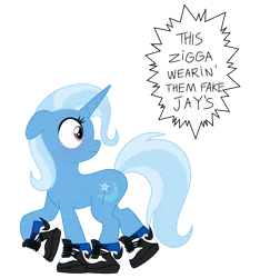 Size: 1133x1213 | Tagged: safe, artist:unoriginai, derpibooru import, trixie, unicorn, blushing, clothes, cute, image, jordans, meme, png, scared, shoes, simple background, solo, transparent background