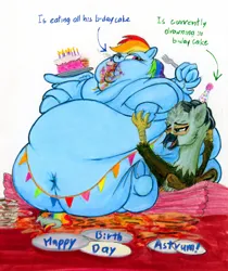 Size: 3040x3613 | Tagged: suggestive, artist:white-eyed vireo, derpibooru import, rainbow dash, oc, oc:gaelen, gryphon, pegasus, pony, bed, belly, belly button, belly grab, big belly, bingo wings, birthday, birthday cake, cake, chubby cheeks, double chin, fat, fat fetish, female, fetish, flabby chest, food, grin, hat, huge belly, image, impossibly large belly, jpeg, mare, morbidly obese, neck roll, obese, on bed, open mouth, open smile, party hat, rainblob dash, rolls of fat, smiling, solo, thighs, thunder thighs, traditional art, triple chin