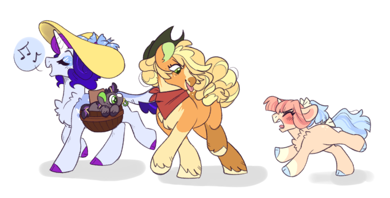 Size: 1699x863 | Tagged: safe, artist:queerhorses, derpibooru import, applejack, rarity, oc, oc:smoke tree, pony, unicorn, baby, baby pony, female, filly, foal, hat, image, magical lesbian spawn, offspring, parent:applejack, parent:rarity, parents:rarijack, png, simple background, transparent background