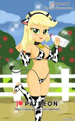 Size: 606x970 | Tagged: suggestive, artist:jakepixels, derpibooru import, applejack, cow, human, equestria girls, blushing, breasts, busty applejack, cow horns, cow suit, cowgirl, female, gumroad, gumroad logo, horns, image, milk, patreon, patreon logo, png, solo, solo female, stupid sexy applejack
