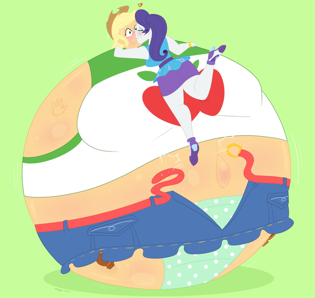 Size: 2160x2040 | Tagged: questionable, artist:necrofeline, derpibooru import, applejack, rarity, human, equestria girls, belly button, big breasts, blushing, breasts, duo, duo female, female, floating heart, heart, image, inflation, kiss inflation, kissing, lesbian, outie belly button, png, rarijack, shipping, spherical inflation, violet beauregarde