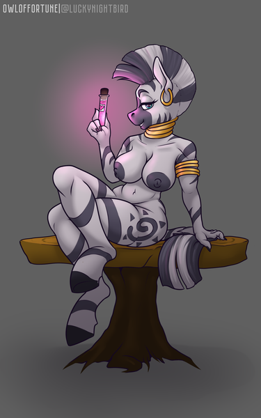 Size: 2000x3200 | Tagged: questionable, artist:owloffortune, derpibooru import, zecora, anthro, unguligrade anthro, zebra, areola, big areola, big breasts, breasts, busty zecora, ear piercing, female, high res, image, love potion, nipples, nudity, piercing, png, potion, solo, solo female