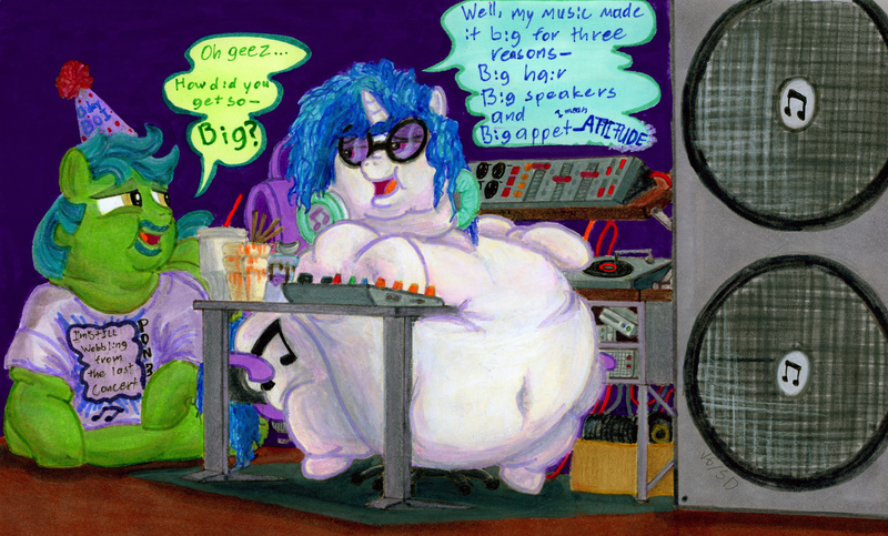 Size: 4991x3016 | Tagged: suggestive, artist:white-eyed vireo, derpibooru import, vinyl scratch, oc, oc:lupin quill, earth pony, pony, unicorn, belly, belly button, bhm, big belly, bingo wings, butt, canon x oc, chubby cheeks, dialogue, double chin, earth pony oc, facial hair, fat, fat fetish, female, fetish, flabby chest, grin, huge belly, huge butt, image, immobile, impossibly large belly, impossibly large butt, jpeg, large butt, lying down, male, messy eating, morbidly obese, neck roll, obese, on back, open mouth, plot, rolls of fat, shipping, slob, smiling, straight, stretchmarks, sweat, the ass was fat, thighs, thunder thighs, traditional art, triple chin