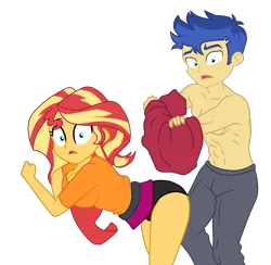 Size: 2000x1950 | Tagged: safe, derpibooru import, flash sentry, sunset shimmer, equestria girls, ass, ass up, bent over, black panties, bunset shimmer, butt, caught, clothes, female, flashimmer, image, looking at you, male, misunderstanding, moment killer, nudity, panties, partial nudity, png, presenting, shipping, solo, straight, underwear, undressed, undressing