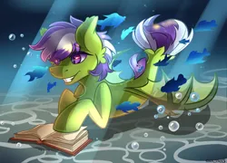 Size: 2394x1719 | Tagged: safe, artist:yuris, derpibooru import, oc, oc:seeking eve, unofficial characters only, bat pony, fish, hybrid, pony, sea pony, seapony (g4), bat pony oc, bat wings, book, bubble, chest fluff, crepuscular rays, digital art, dorsal fin, ear fluff, fin, image, lying down, male, ocean, png, purple eyes, purple mane, purple tail, reading, scales, seaponified, signature, smiling, solo, species swap, spread wings, stallion, stallion oc, sunlight, swimming, tail, teeth, underwater, water, wings