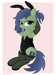 Size: 3016x4032 | Tagged: safe, artist:rainbowšpekgs, derpibooru import, oc, oc:gray hat, earth pony, pony, bedroom eyes, bunny ears, bunny suit, chest fluff, clothes, earth pony oc, female, image, mare, png, sitting