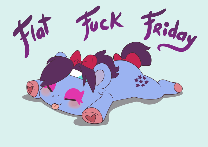 Size: 7014x4962 | Tagged: safe, artist:cutepencilcase, derpibooru import, earth pony, pony, g5, blue belle (g5), bow, eyes closed, flat, flat fuck friday, flop, hair bow, hairband, hoof heart, image, meme, png, simple background, smiling, solo, tail, tail bow, tongue out, underhoof, vulgar