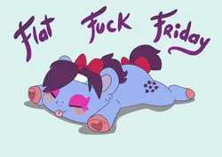 Size: 7014x4962 | Tagged: safe, artist:cutepencilcase, derpibooru import, earth pony, pony, g5, blue belle (g5), bow, eyes closed, flat, flat fuck friday, flop, hair bow, hairband, hoof heart, image, meme, png, simple background, smiling, solo, tail, tail bow, tongue out, underhoof, vulgar