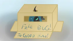 Size: 1920x1080 | Tagged: safe, artist:countderpy, derpibooru import, queen chrysalis, changeling, changeling queen, box, cardboard box, changeling in a box, female, horn, image, png, solo, text