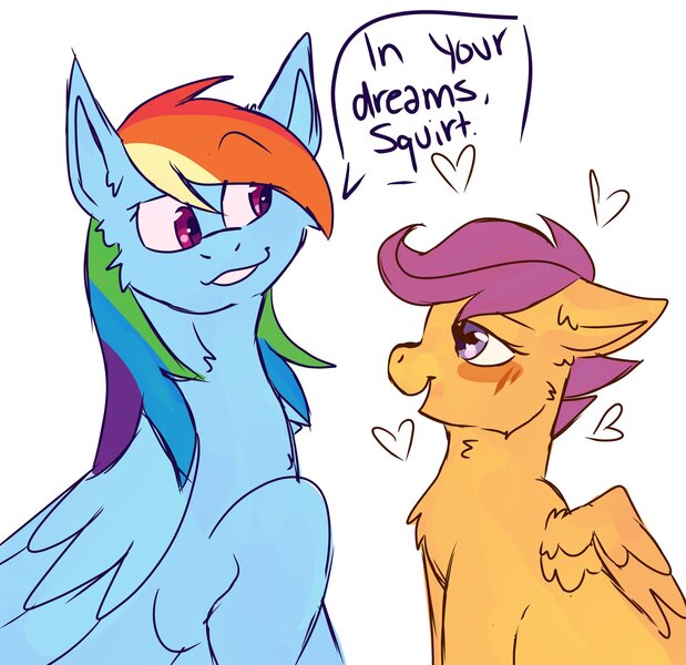 Size: 2048x1986 | Tagged: safe, artist:sp00nfu10fsuga, derpibooru import, rainbow dash, scootaloo, 2023, blushing, dialogue, duo, female, heart, image, jpeg, lesbian, scootadash, shipping, simple background, sitting, white background