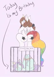 Size: 1423x2048 | Tagged: safe, artist:mscolorsplash, derpibooru import, oc, oc:color splash, oc:mod chi, pegasus, pony, semi-anthro, unicorn, bondage, butt, cage, duckface, duo, duo female, female, frown, hat, hogtied, image, jpeg, lips, looking at you, looking back, looking back at you, lying down, mare, on back, party hat, pink background, plot, rope, simple background, text, whore lips