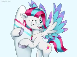 Size: 2556x1892 | Tagged: safe, artist:vinilyart, derpibooru import, zipp storm, pegasus, pony, g5, my little pony: tell your tale, alternate hairstyle, bipedal, colored wings, hot day huh?, image, jewelry, leg hold, one eye closed, pendant, png, simple background, smiling, solo, spread wings, surfboard, unshorn fetlocks, wet, wet mane, wings, wink