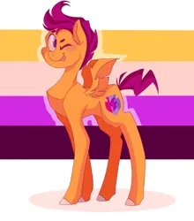 Size: 530x601 | Tagged: artist needed, source needed, safe, derpibooru import, scootaloo, pegasus, pony, abstract background, blushing, concave belly, cute, cutealoo, ear fluff, fanfic art, image, long legs, nonbinary, nonbinary pride flag, one eye closed, png, pride, pride flag, pride flag background, slim, smiling, solo, thin, tongue out, wink