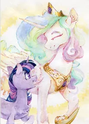 Size: 3507x4900 | Tagged: safe, artist:laymy, derpibooru import, princess celestia, twilight sparkle, alicorn, pony, unicorn, absurd resolution, chest fluff, ear fluff, eyes closed, female, height difference, image, jpeg, looking at each other, looking at someone, mare, open mouth, open smile, smiling, smiling at each other, traditional art, unicorn twilight, watercolor painting