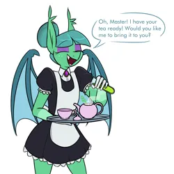 Size: 2073x2076 | Tagged: safe, artist:moonatik, derpibooru import, oc, oc:carte blanche, unofficial characters only, anthro, bat pony, pony, anthro oc, apron, bat pony oc, bat wings, clothes, coat markings, cup, dress, eyeshadow, femboy, freckles, gloves, hair bun, image, maid, makeup, male, png, poison, skull and crossbones, smiling, socks (coat marking), stallion, teacup, teapot, tray, vial, wings