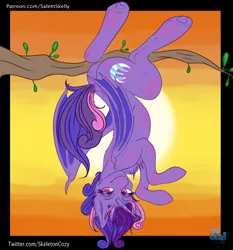 Size: 1192x1280 | Tagged: suggestive, artist:salemsalami, derpibooru import, oc, oc:cinnamon music, bat, pony, undead, vampire, vampony, butt, female, hanging, hanging upside down, image, jpeg, looking at you, mare, sunset, tree branch, upside down