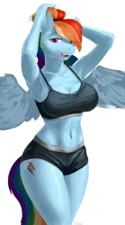 Size: 2136x3848 | Tagged: safe, alternate version, artist:kelkessel, derpibooru import, rainbow dash, anthro, pegasus, belly button, biting, breasts, busty rainbow dash, cleavage, clothes, female, image, midriff, png, shorts, signature, simple background, smiling, solo, solo female, sweat, tongue bite, tongue out, white background
