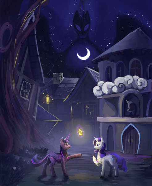 Size: 2051x2500 | Tagged: safe, alternate version, artist:dalagar, derpibooru import, princess luna, rarity, twilight sparkle, twilight sparkle (alicorn), alicorn, pony, unicorn, fanfic:the enchanted kingdom, fanfic:the enchanted library, commission, commissioner:shaddar, fanfic art, female, image, jewelry, necklace, png