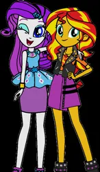 Size: 552x946 | Tagged: safe, derpibooru import, screencap, rarity, sunset shimmer, equestria girls, belt, boots, bracelet, clothes, cutie mark, cutie mark on clothes, eyeshadow, frilly design, geode of empathy, geode of shielding, grin, hairpin, hand on hip, hand on shoulder, high heels, image, jewelry, just friends, leather, leather boots, leather vest, legs, magical geodes, makeup, necklace, one eye closed, open mouth, open smile, pencil skirt, pendant, png, shoes, shoulderless shirt, skirt, sleeveless, sleeveless tank top, smiling, spikes, vest, wink