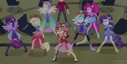 Size: 1032x524 | Tagged: safe, derpibooru import, screencap, applejack, flash sentry, fluttershy, pinkie pie, rainbow dash, rarity, sci-twi, sunset shimmer, twilight sparkle, cheer you on, equestria girls, equestria girls series, spoiler:eqg series (season 2), alternate hairstyle, applejack's hat, bare shoulders, boots, cape, chair, clothes, cowboy boots, cowboy hat, cutie mark, cutie mark on clothes, determined, evening gloves, fighting stance, fingerless elbow gloves, fingerless gloves, gloves, gorget, gym, halterneck, hat, high heels, humane five, humane seven, humane six, image, jewelry, knee-high boots, leg bracelet, leggings, long gloves, long shirt, offscreen character, offscreen human, pants, png, ponied up, pony ears, ready to fight, regalia, shoes, short sleeves, sleeveless, smiling, sneakers, spiked headband, stetson, super ponied up, sweatpants, teeth, tiara, wings