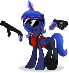 Size: 3956x4212 | Tagged: safe, artist:anime-equestria, derpibooru import, princess luna, alternate hairstyle, boots, clothes, duke nukem, eyeshadow, female, gun, handgun, horn, image, levitation, magic, makeup, png, shoes, shotgun, simple background, smiling, solo, sunglasses, telekinesis, transparent background, vector, weapon, wings