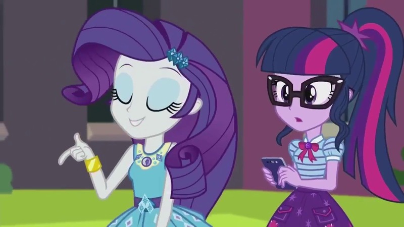 Size: 1280x720 | Tagged: safe, derpibooru import, screencap, rarity, sci-twi, twilight sparkle, equestria girls, equestria girls series, text support, text support: rarity, :o, belt, bowtie, bracelet, clothes, duo, duo female, eyes closed, eyeshadow, female, finger snap, frilly design, geode of shielding, geode of telekinesis, glasses, hairpin, image, jewelry, jpeg, just friends, magical geodes, makeup, mobile phone, open mouth, pendant, phone, polo shirt, ponytail, skirt, sleeveless, sleeveless tank top, smartphone, smiling, teeth