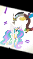 Size: 720x1280 | Tagged: safe, artist:daria, derpibooru import, screencap, discord, princess celestia, alicorn, draconequus, hybrid, dungeons and discords, animated, crown, discovery family, discovery family logo, fusion, fusion:discord, fusion:princess celestia, image, jewelry, logo, music, regalia, selling, video, webm
