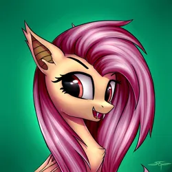 Size: 894x894 | Tagged: safe, artist:setharu, derpibooru import, fluttershy, bat pony, pony, 2d, bat ponified, bust, female, flutterbat, g4, gradient background, green background, image, jpeg, looking right, open mouth, pink mane, portrait, race swap, red eyes, signature, simple background, smiling, solo, yellow skin