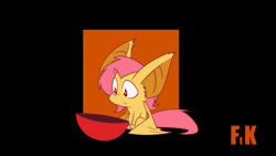 Size: 960x540 | Tagged: safe, artist:fluttershythekind, derpibooru import, fluttershy, bat pony, pony, 2d, animated, bat ponified, eating, female, flutterbat, food, fruit, g4, gif, image, looking left, pink mane, plate, race swap, red eyes, simple background, smiling, solo, spread wings, wings, yellow skin