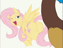 Size: 960x720 | Tagged: suggestive, artist:frist44, derpibooru import, discord, fluttershy, draconequus, pegasus, pony, animated, butt, discoshy, faceless male, female, flutterbutt, image, imminent sex, large butt, loop, male, offscreen character, offscreen male, plot, shaking, shipping, simple background, straight, twerking, webm, white background