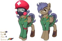 Size: 3072x2000 | Tagged: safe, artist:rnghat, derpibooru import, oc, oc:nguyet, unofficial characters only, pegasus, bag, belt, boots, clothes, collar patches, derpibooru exclusive, ear piercing, earring, gas mask, image, jewelry, mask, medic, medical saddlebag, military uniform, name tag, pegasus oc, piercing, png, reference sheet, shoes, skirt, uniform, wings