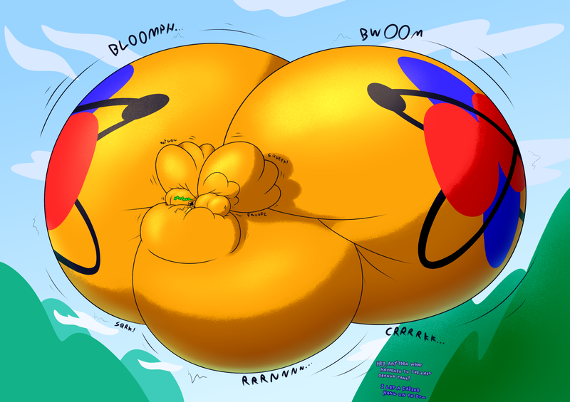 Size: 3400x2400 | Tagged: questionable, artist:wydart, derpibooru import, oc, oc:twintails, unofficial characters only, belly, belly expansion, belly inflation, big belly, blimp, blushing, butt, cloud, floating, growth, helium tank, huge belly, huge butt, image, impossibly large belly, impossibly large butt, impossibly large wings, inflation, large butt, large wings, mountain, mountain range, neck roll, onomatopoeia, png, text, the ass was fat, wings