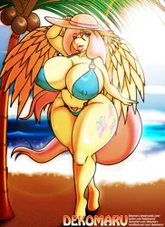 Size: 1332x1828 | Tagged: suggestive, alternate version, artist:dekomaru, derpibooru import, fluttershy, anthro, pegasus, pony, unguligrade anthro, beach, belly button, big breasts, bikini, bimbo, bimboshy, breasts, busty fluttershy, cleavage, clothes, erect nipples, eye clipping through hair, eyebrows, eyebrows visible through hair, eyeshadow, female, hat, huge breasts, image, impossibly large breasts, lips, makeup, mare, nipple outline, palm tree, png, pubic hair, pubic hair slip, remake, solo, solo female, sun hat, sunlight, swimsuit, thighs, thunder thighs, tree, wide hips