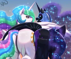 Size: 3900x3200 | Tagged: suggestive, artist:aerospine, derpibooru import, nightmare moon, princess celestia, alicorn, pony, alternate universe, butt, butt bump, butt to butt, butt touch, digital art, duo, duo female, ethereal mane, ethereal tail, female, grin, horn, image, large butt, mare, nightmare moonbutt, plot, plot pair, png, quadrupedal, rear view, siblings, sisters, smiling, starry mane, stars, sunbutt, tail, the ass was fat, wings