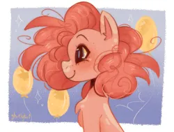 Size: 1433x1081 | Tagged: safe, artist:ghostly-tart, derpibooru import, pinkie pie, earth pony, pony, balloon, bust, chest fluff, image, jpeg, side view, smiling, solo