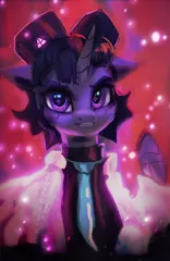 Size: 1500x2312 | Tagged: safe, artist:hierozaki, derpibooru import, twilight sparkle, twilight sparkle (alicorn), alicorn, cyborg, cyborg pony, pony, abstract background, alternate hairstyle, female, floppy ears, grin, image, looking at you, mare, necktie, png, smiling, smiling at you, solo, starry eyes, wingding eyes