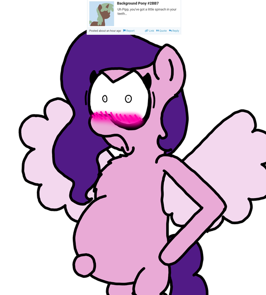 Size: 3023x3351 | Tagged: safe, artist:professorventurer, derpibooru import, pipp petals, pegasus, pony, series:ask pippamena, g5, chest fluff, embarrassed, image, pippamena, png, pregnant, primrose petals, simple background, solo, spread wings, white background, wings