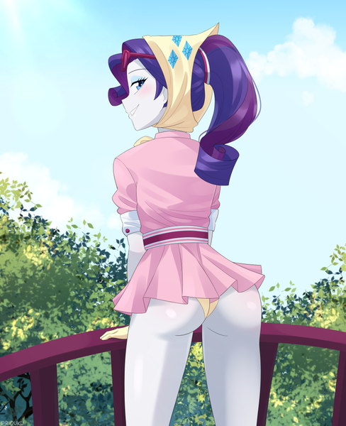 Size: 813x1000 | Tagged: suggestive, artist:riouku, derpibooru import, rarity, equestria girls, sleepless in ponyville, ass, blushing, butt, butt blush, camping outfit, clothes, cutie mark, eyeshadow, female, gloves, image, legs, looking at you, makeup, panties, png, ponytail, rear view, skirt, smiling, smiling at you, solo, solo female, sunglasses, underwear