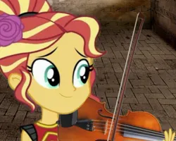 Size: 676x541 | Tagged: safe, derpibooru import, edit, edited screencap, screencap, sunset shimmer, equestria girls, beautiful, bow (instrument), cute, female, flower, flower in hair, image, jpeg, musical instrument, musician, not a vector, solo, solo female, violin, violin bow