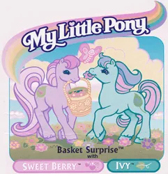 Size: 521x541 | Tagged: safe, derpibooru import, official, ivy, sweet berry, butterfly, earth pony, insect, pony, g2, backcard, basket, basket surprise, diaberry, duo, duo female, female, flower, flower field, grass, grass field, image, ivybetes, jpeg, mare, my little pony logo, outdoors, text