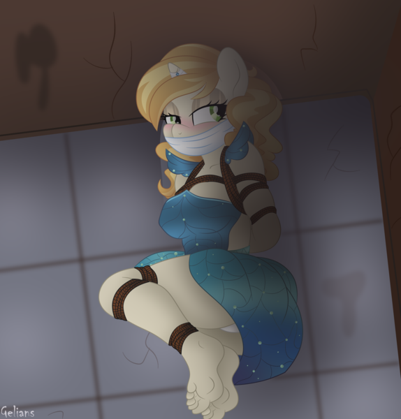 Size: 6109x6384 | Tagged: suggestive, artist:gelians, derpibooru import, sweet biscuit, anthro, unicorn, canterlot boutique, arm behind head, barefoot, bedroom eyes, bondage, bound and gagged, cloth gag, clothes, dark background, dress, feet, gag, happy, happy bondage, helpless, horn, horn ring, image, jewelry, png, ring, rope, rope bondage, solo, tied up, underwear