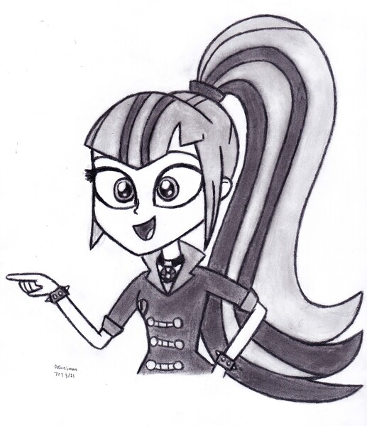 Size: 2495x2894 | Tagged: safe, artist:drchrisman, derpibooru import, sonata dusk, human, equestria girls, female, image, jpeg, monochrome, solo, traditional art