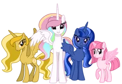 Size: 3174x2209 | Tagged: safe, artist:siti shafiyyah, artist:tanahgrogot, derpibooru import, oc, oc:annisa trihapsari, oc:princess blue star, oc:rainbow diamond, oc:sunny glow, unofficial characters only, alicorn, earth pony, pony, series:the guardian of leadership, base used, image, looking at you, magic, png, princess, simple background, smiling, smiling at you, transparent background