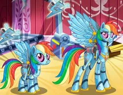Size: 564x436 | Tagged: safe, derpibooru import, rainbow dash, pony, robot, robot pony, cropped, duality, female, gameloft, image, jpeg, my little pony: magic princess, rainbot dash, roboticization