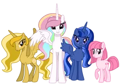 Size: 3174x2209 | Tagged: safe, artist:siti shafiyyah, artist:tanahgrogot, derpibooru import, oc, oc:annisa trihapsari, oc:princess blue star, oc:rainbow diamond, oc:sunny glow, unofficial characters only, alicorn, earth pony, pony, series:the guardian of leadership, base used, image, looking at you, png, princess, simple background, smiling, smiling at you, transparent background