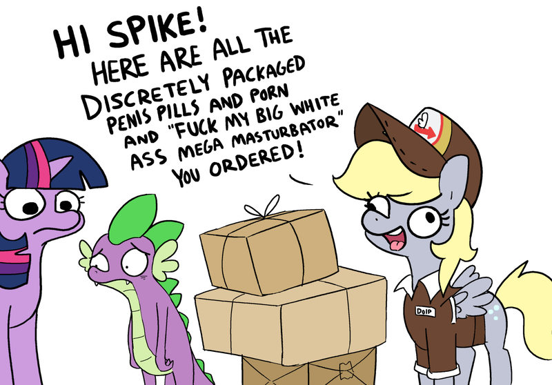 Size: 1536x1072 | Tagged: questionable, artist:tjpones, derpibooru import, edit, derpy hooves, spike, twilight sparkle, dragon, pegasus, pony, ashamed, delivery, embarrassed, explicit source, female, image, implied porn, mail, mailmare, mailpony, male, mare, png, simple background, stare, too much information, vulgar, white background, yelling